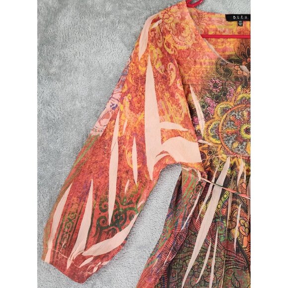 BLEU Shirt Womens Medium Multicolor Paisley Beaded Boho Long Sleeve Tunic Blouse - Picture 9 of 11